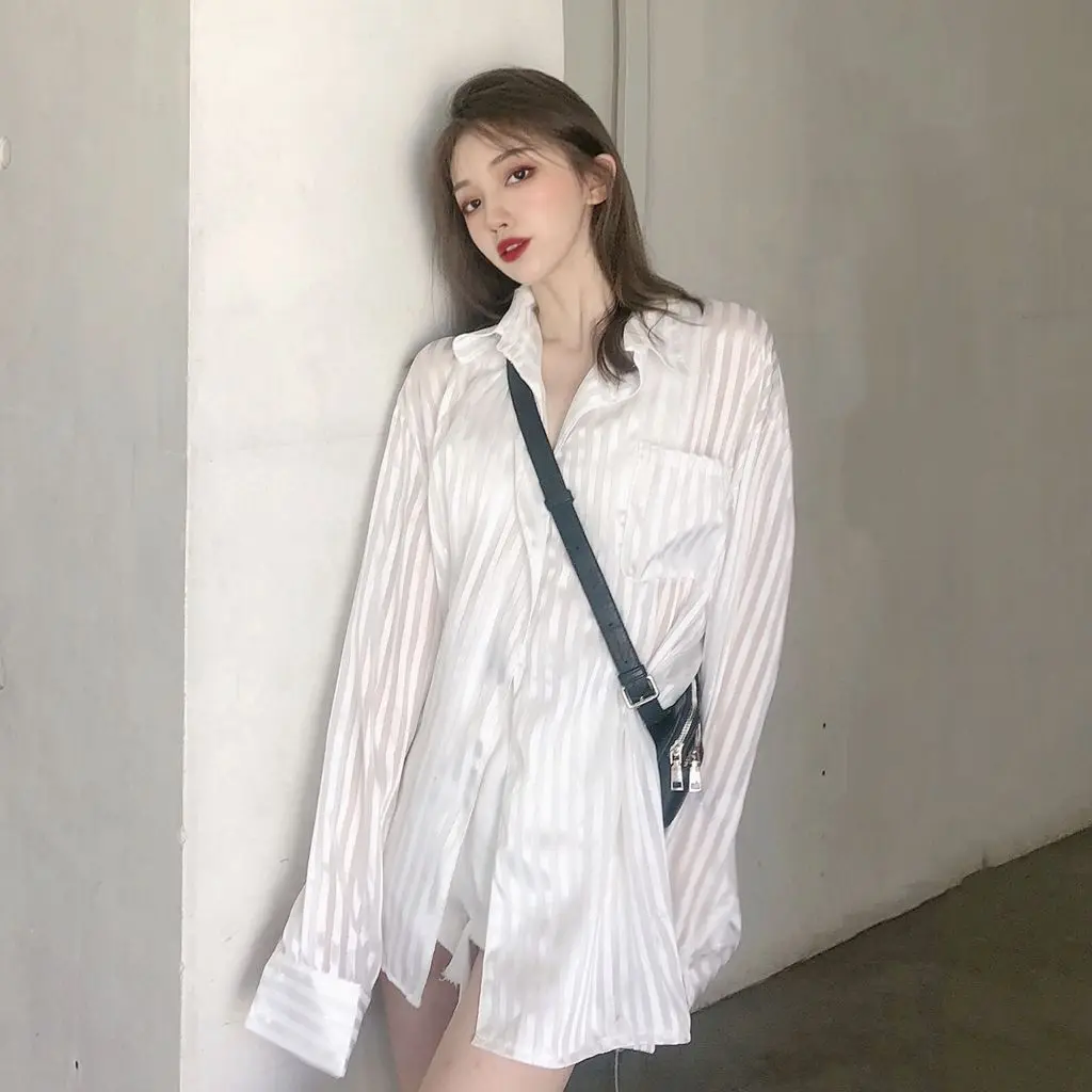 White French Shirt Women's Long-Sleeved Striped Blouses Loose Summer Cardigan All-Match Bright Silk Sunscreen Shirts Thin Top