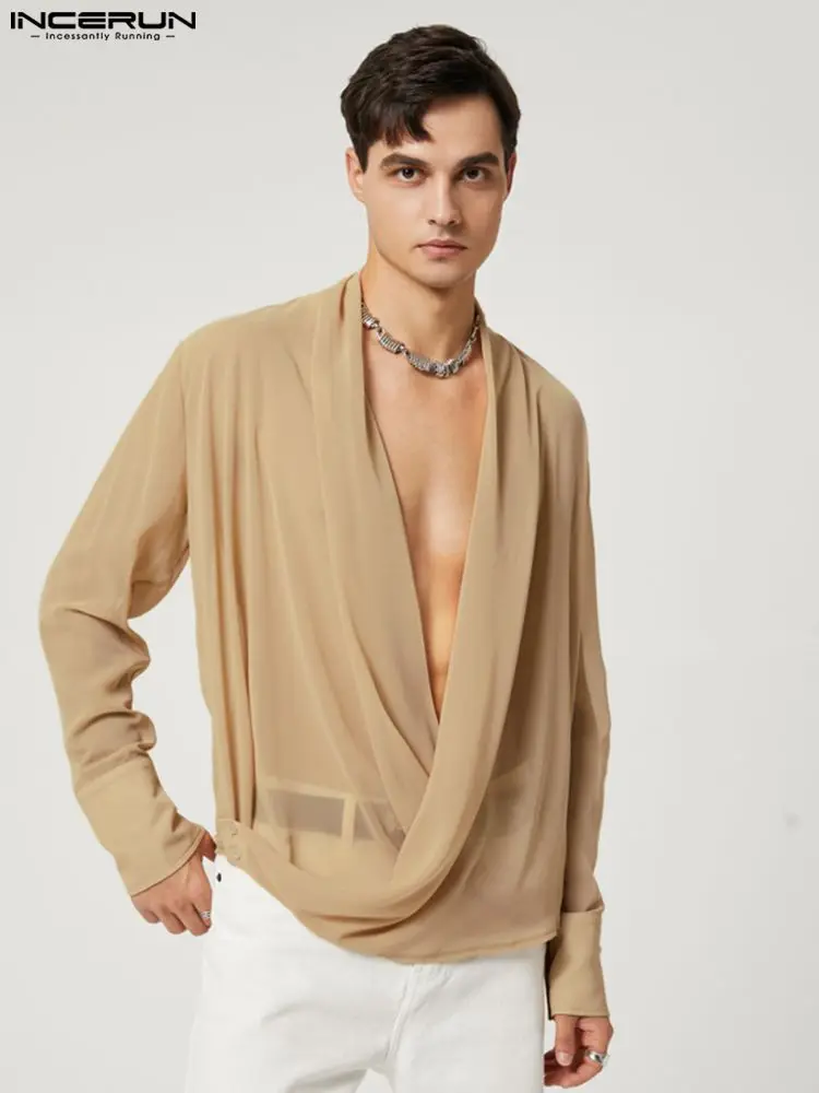 INCERUN Tops 2023 American Style New Men's Fashion Bright Stripes Pile Blouse Casual Solid Color Cross Long Sleeve Shirts S-5XL