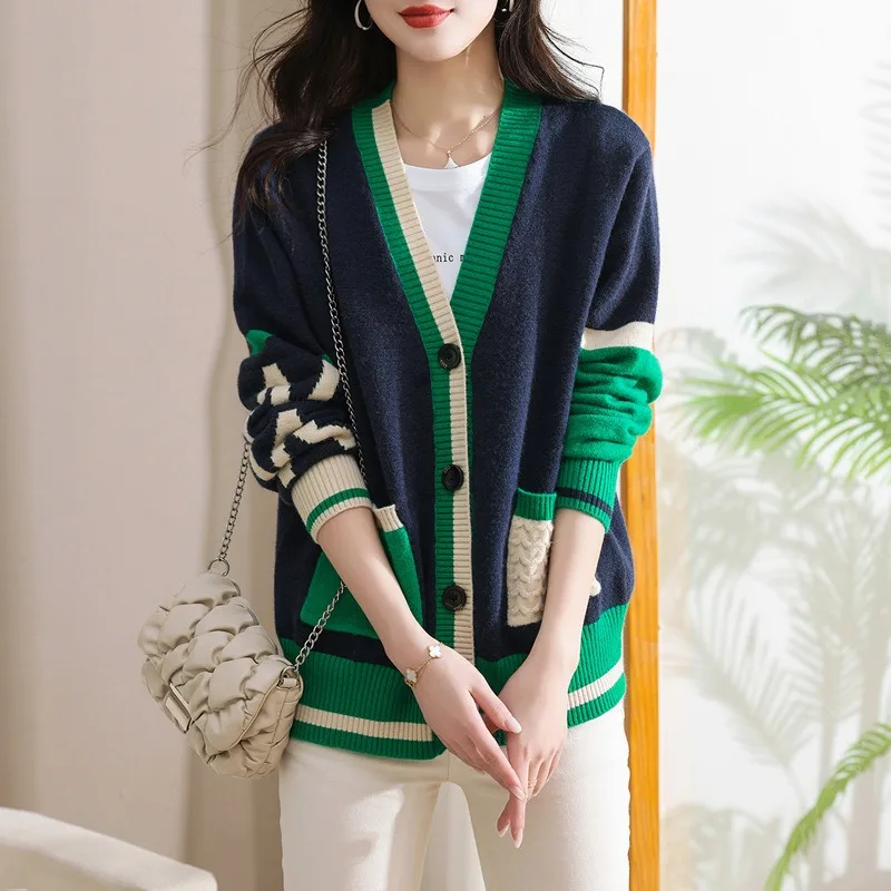 long cardigan luxury women korean fashion clothes sweaters for women 2023 v-neck patchwork 90s vintage clothes knitwears jersey