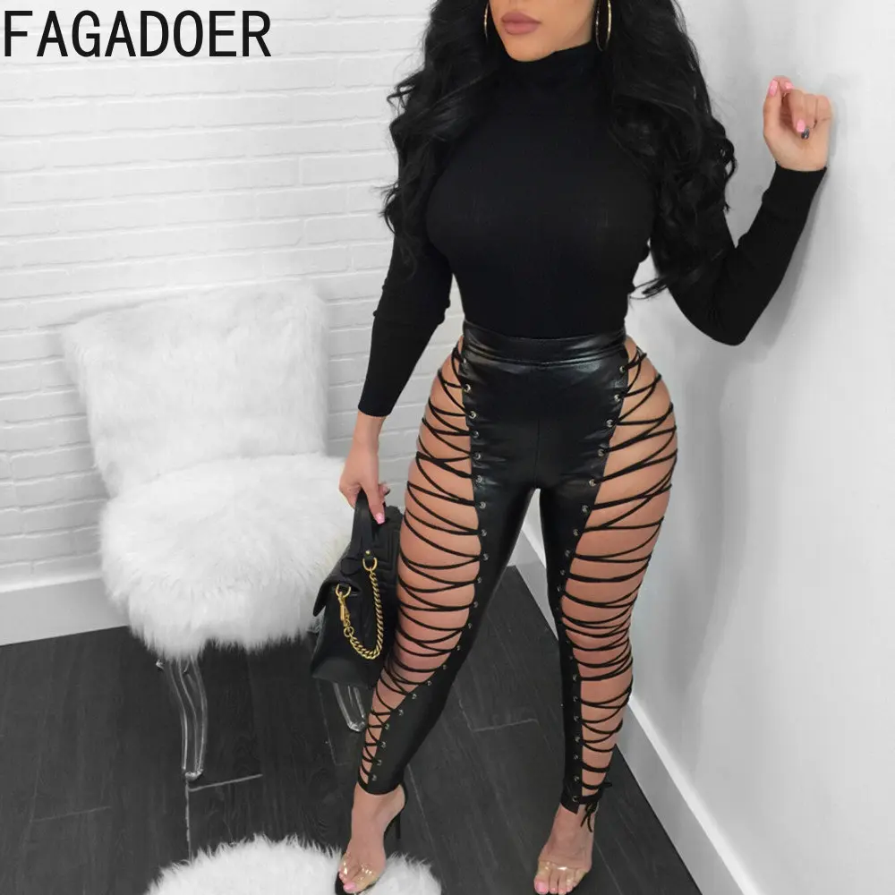 

FAGADOER Sexy Women Bandage Hollow Out PU Leather Pants Sexy Lace Up Bodycon Trousers Female Nightclub Party Bottoms Clothing