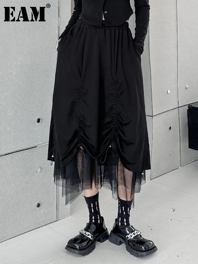 

[EAM] High Elastic Waist Black Mesh Pleated Casual Midi Half-body Skirt Women Fashion Tide New Spring Autumn 2023 1DF6485