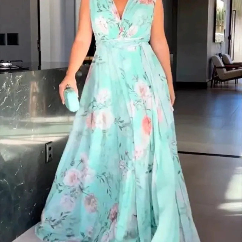 

2023 Popular Sexy and Elegant Women's Off Shoulder Off Back Printed Sleeveless Chiffon Dress Summer New Fashion Women's Wear