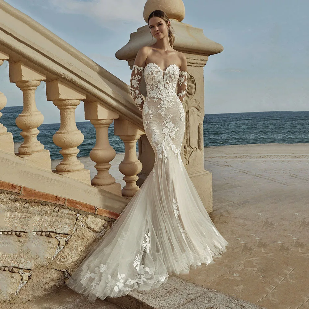 

Msikoods Mermaid Lace Wedding Dress Sweethearts Long Sleeves Trumpet Wedding Gowns Bridal Dresses Charming vestido de noiva