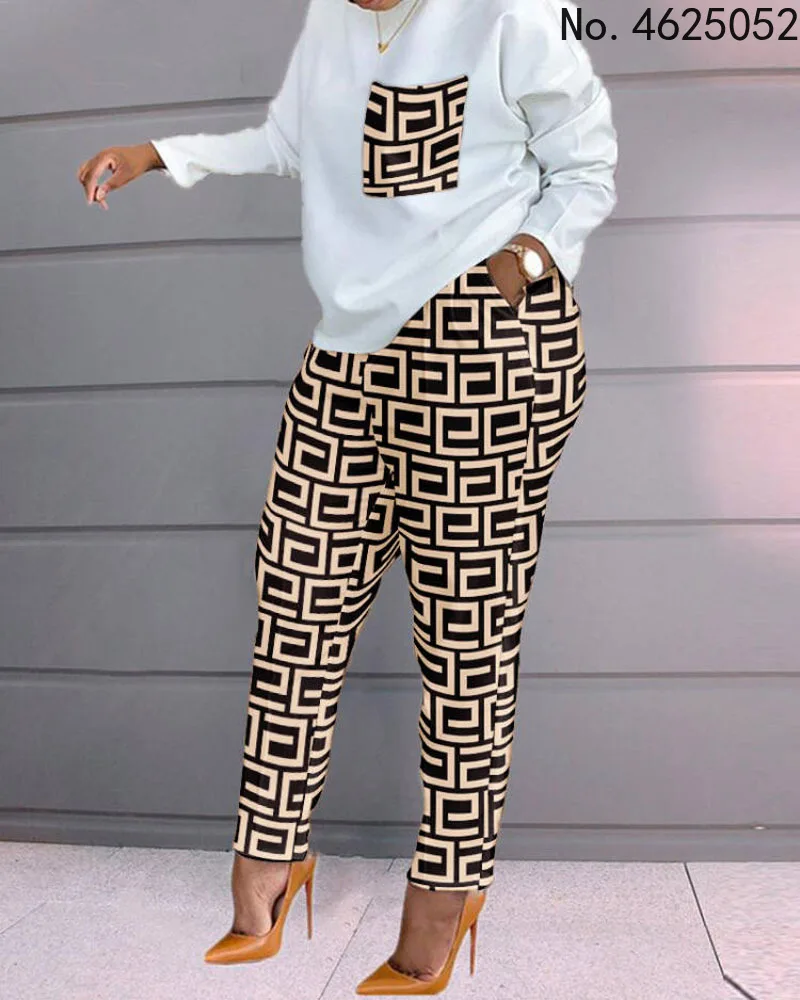 

Женский весенне-осенний Повседневный свободный комплект из 2 предметов, дизайнерский клетчатый топ с длинными рукавами и карманами на завя...