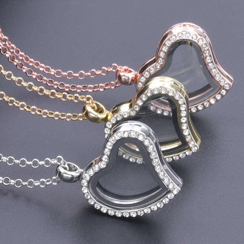 

Fashion Glass Floating Locket Crooked Heart Crystal Pendant Choker Necklace For Women Charms for Living Photo Feamle Jewelry