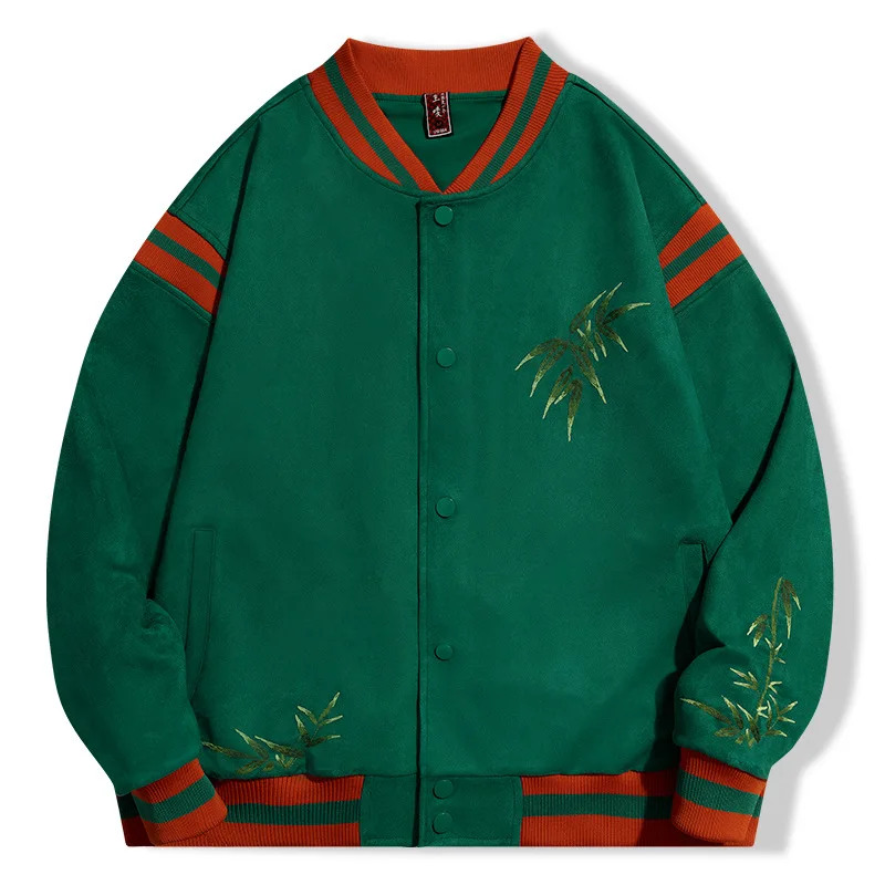 Men Suede Green Bamboo Leaves Embroidery Jacket Single Breasted Coat Baseball Outwear Tops