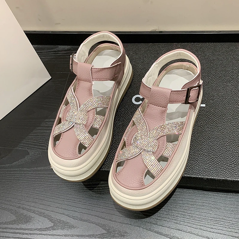

New Rhinestone Sandals Fashion Buckle Hollow Thick Sole Women Shoes Summer Round Toe Non-slip Casual Walking Roman Shoes