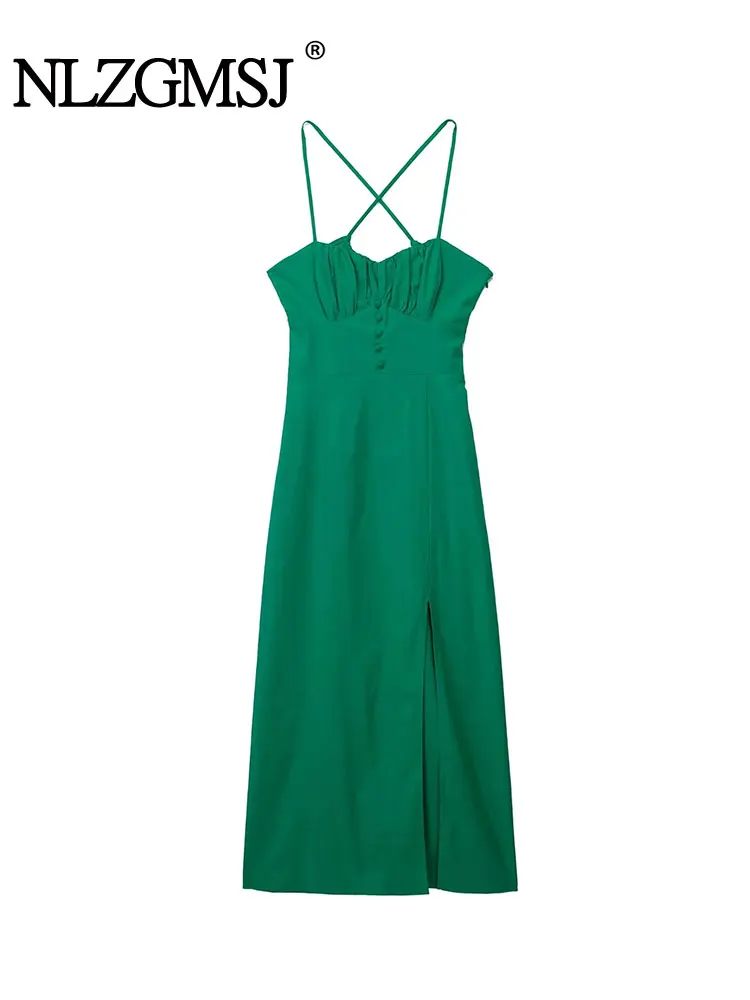 

TRAF Women Fashion Front Slit Gathered Linen Midi Dress Vintage Backless With Elastic Tied Thin Straps Female Dresses