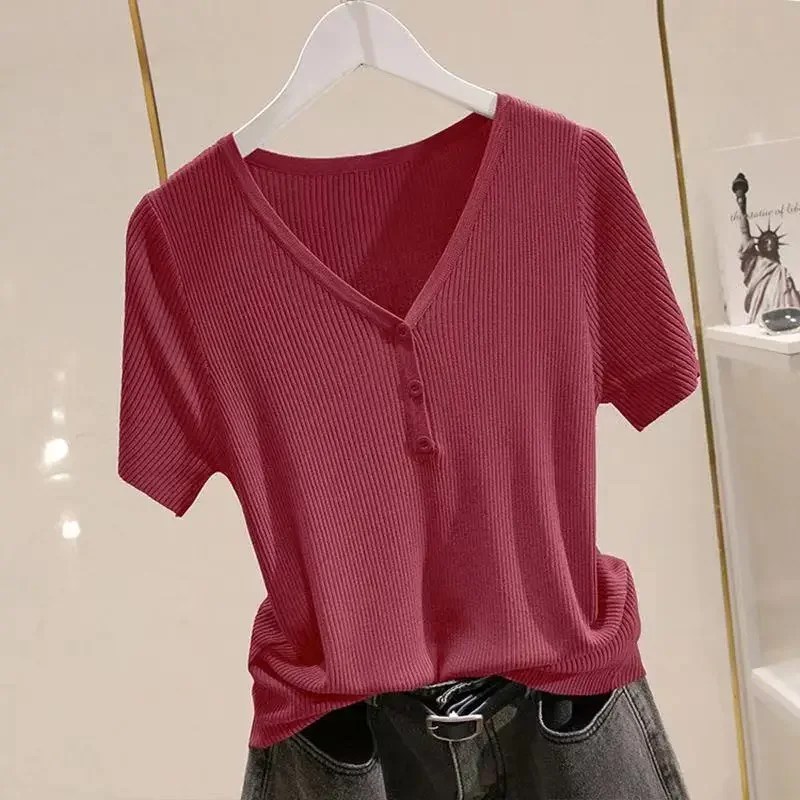 Женский вязаный топ из ледяного шелка с короткими рукавами новинка лета 2024