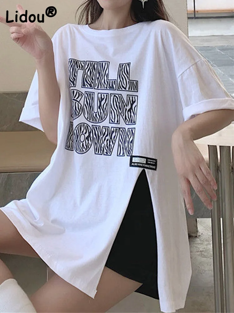 

Summer Loose Short Sleeve Basic&Casual Slit Letter Printed Top Women T-shirt Pullover Harajuku Vintage White All-match T Shirt