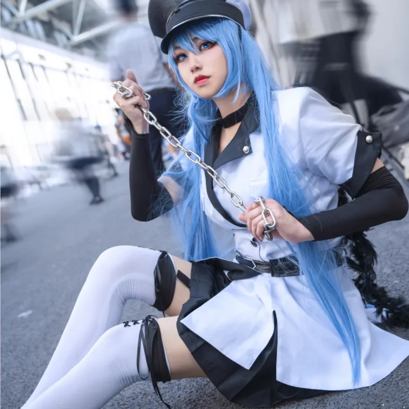 

Косплей Аниме Akame Ga KILL, костюм для косплея империи Esdeath, Униформа с шапкой и голубым париком, Женский костюм на Хэллоуин