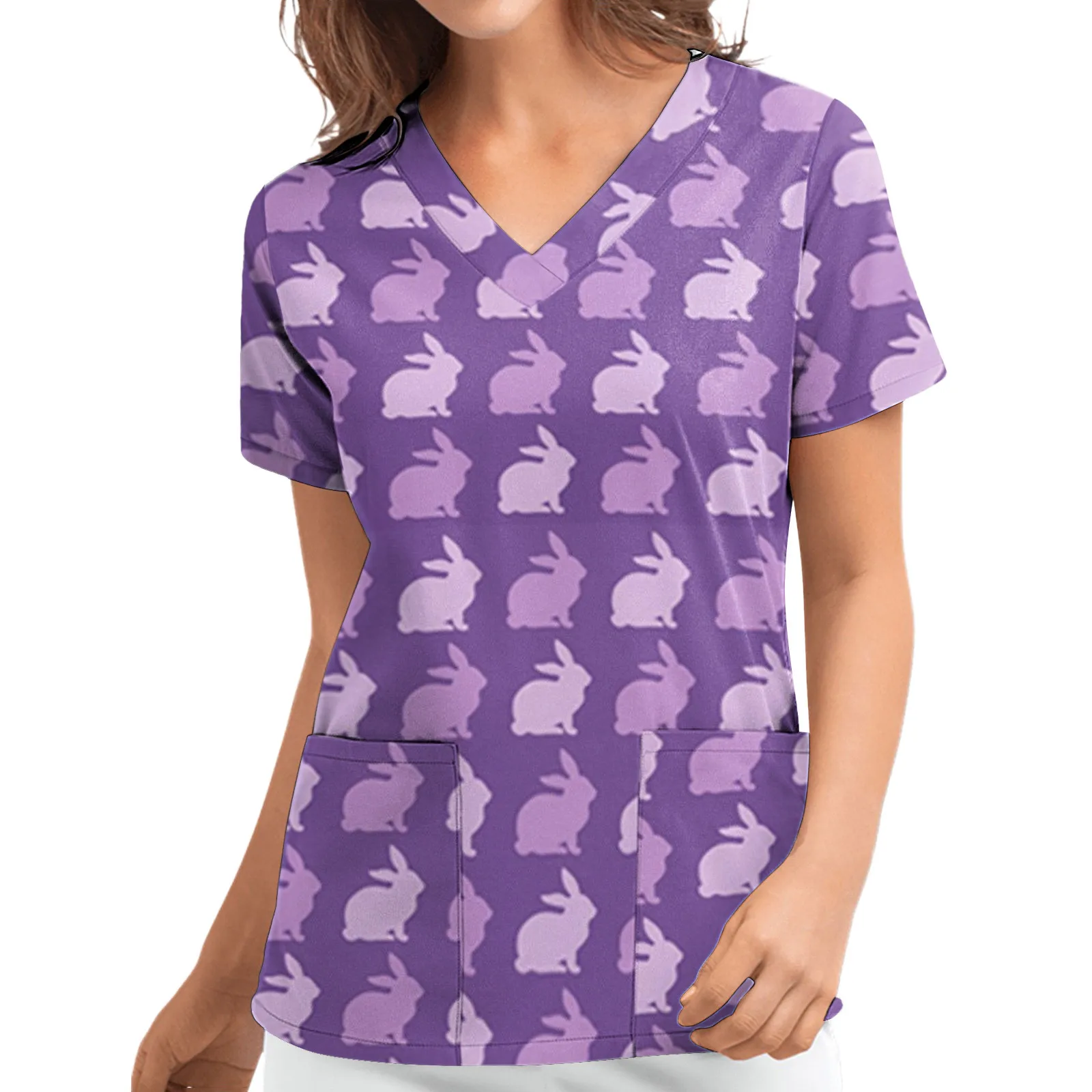 

Women's Easter Printed Casual Top Shirt V-Neck Working Shirt Short Sleeve Pocket Caring Top Blouses