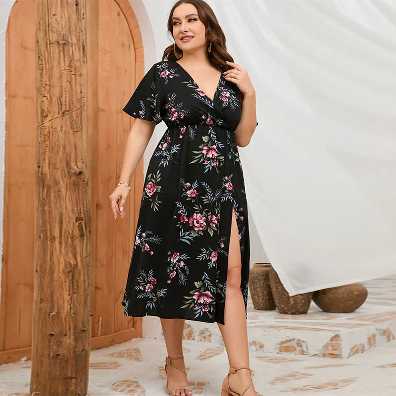 Plus Size Dresses Womens Summer 2023 New Fashion Elastic Waist Midi Floral Party Dresses Elegant Short Sleeve V Neck Dresses 5XL