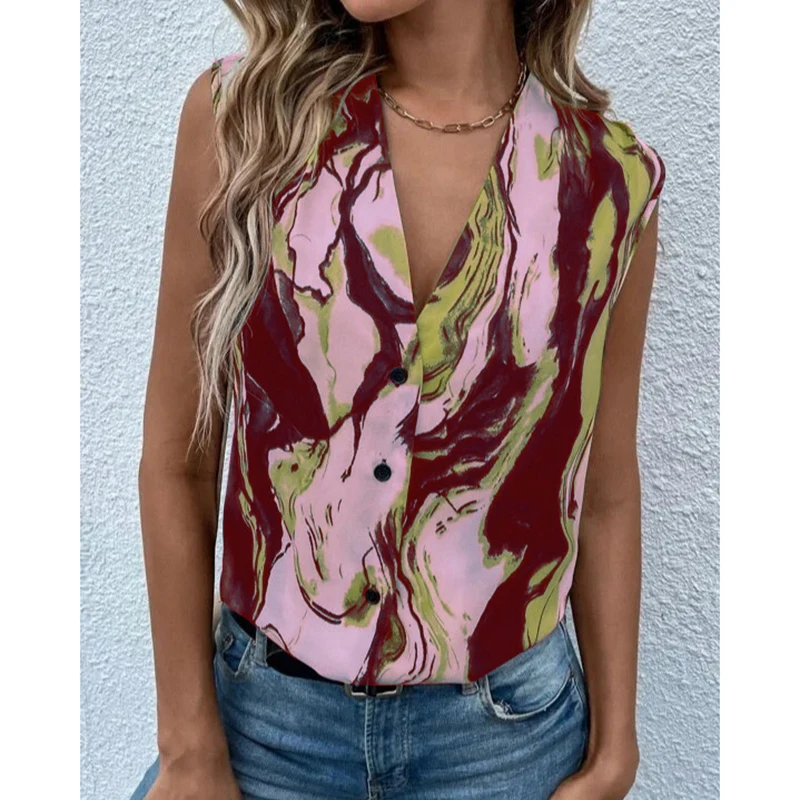 

Spring Sleeveless Print Women Chiffon Shirts Summer Loose V Neck Women Blouse 2023 Fashion Casual Loose Elegant Youth Tops 25074
