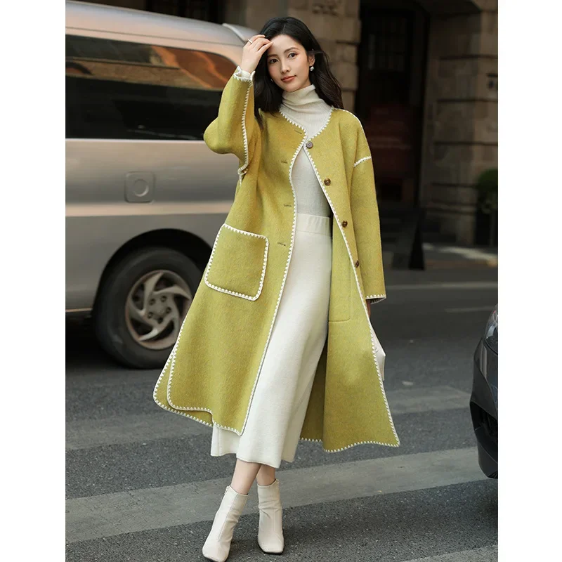 

Women's long Coat scarf collar Rabbit Fleece Wool Double Faced Cloth for mulberry silk Winter Shell Embroidery Contrast jackets