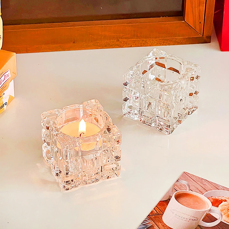 Decorative Crystal Glass Square Tealight Candle Box Bar Ornament Bedroom Essentil Oil Accessories