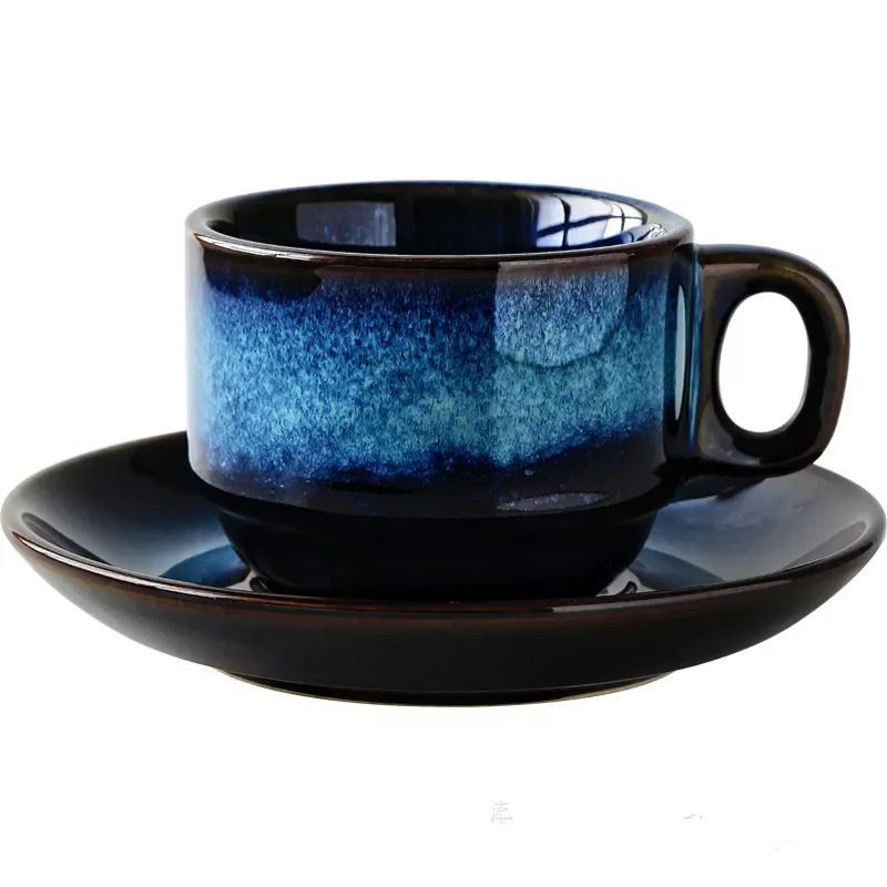 

2023 Fashionable porcelain craftsman ceramic coffee cup and dish set creative breakfast cup afternoon tea Japanese simple Blue