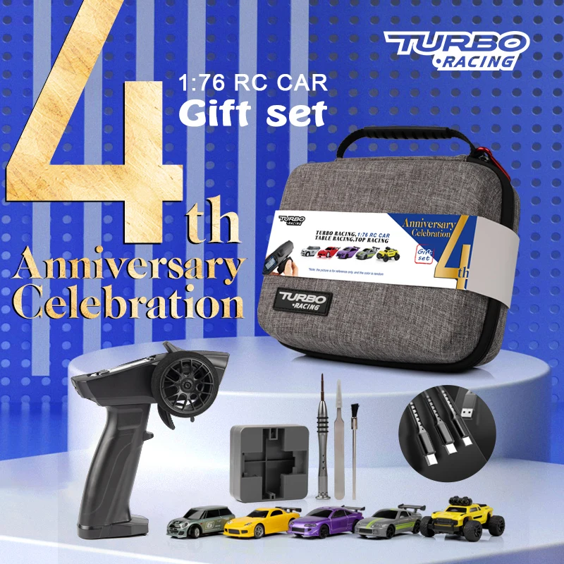 

Turbo Racing 1:76 4th Anniversary Kit with 1X Remote Control and 5x Cars Mini Full Proportional RC Car RTR Toys