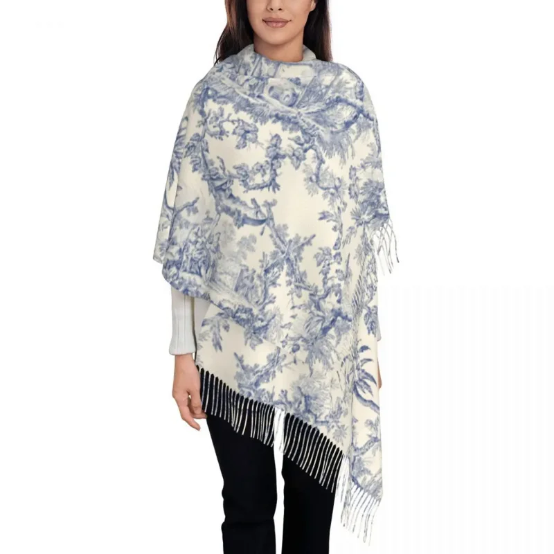 

Toile De Jouy Patterns Scarf Women Stylish Winter Shawl Wraps French Motif Tassel Wraps