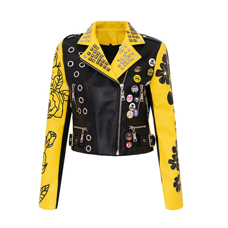 Lapel Short Jacket Girls Leather Coat Printing Graffiti Motorcycle  Women Europe And The United States Fashion Handsome Trend