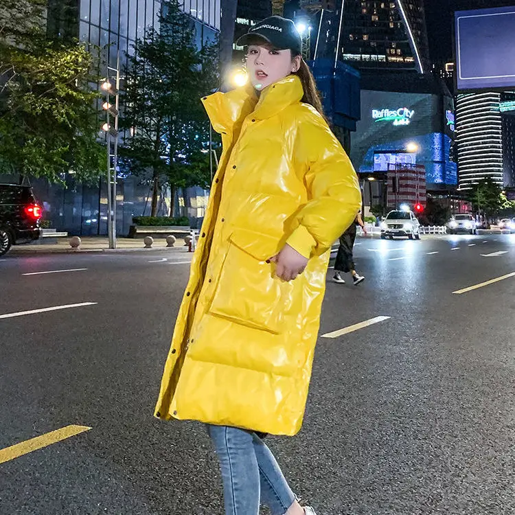 Glossy Free Wash Down Cotton Coat for Women Long Thick Warmth Stand Collar Parkas 2023 Winter New Loose Clothing Feminine S90