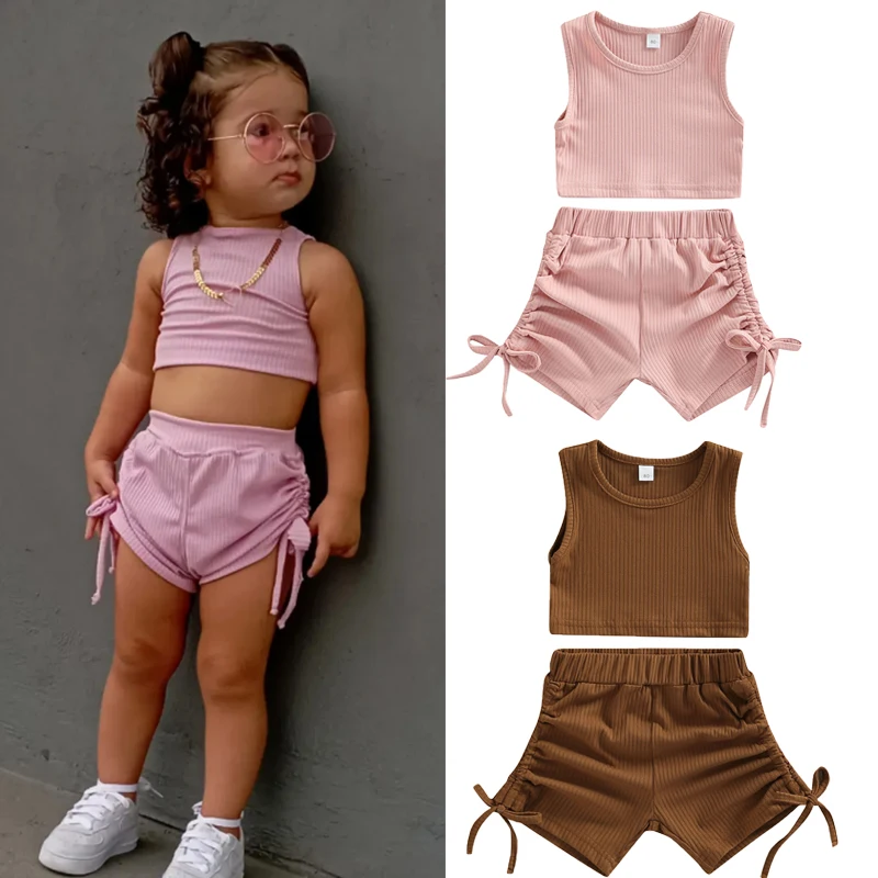 

Детские летние комплекты одежды для девочек, майка в рубчик без рукавов, Короткие штаны на шнуровке, детская повседневная одежда, спортивны...