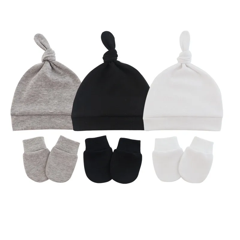 

3pcs/Lot Newborn Baby Hat and Mitten Set Hospital Knit Hat Cap with Big Bow Soft Cute Knot Nursery Beanie Hat