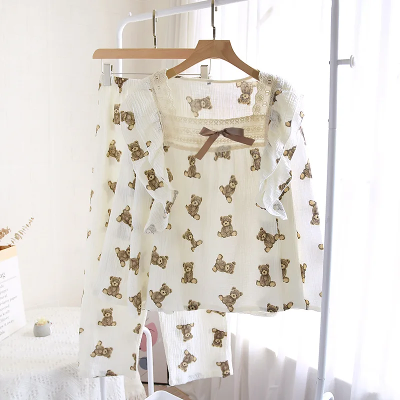 

Sweet Print Bear Pajamas Suit for Female Soft Cotton 2Pcs Homewear Lace Ruffles Nightwear Casual Sleepwear Summer Outwear