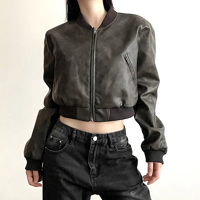 

Goth Dark Y2k 90s Streetwear Vegant Leather Jackets Vintage Gothic Punk Zip Up Fashion Coats Women Grunge Ribbed Hem Crop Jacket