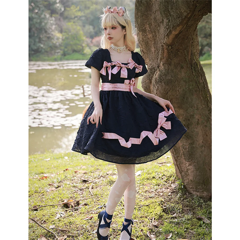 

Japanese Sweet Cyan Relief Bow LO Ladies Girls Dress Cute Princess Kawaii Lolita Dress Short sleeve Vestidos