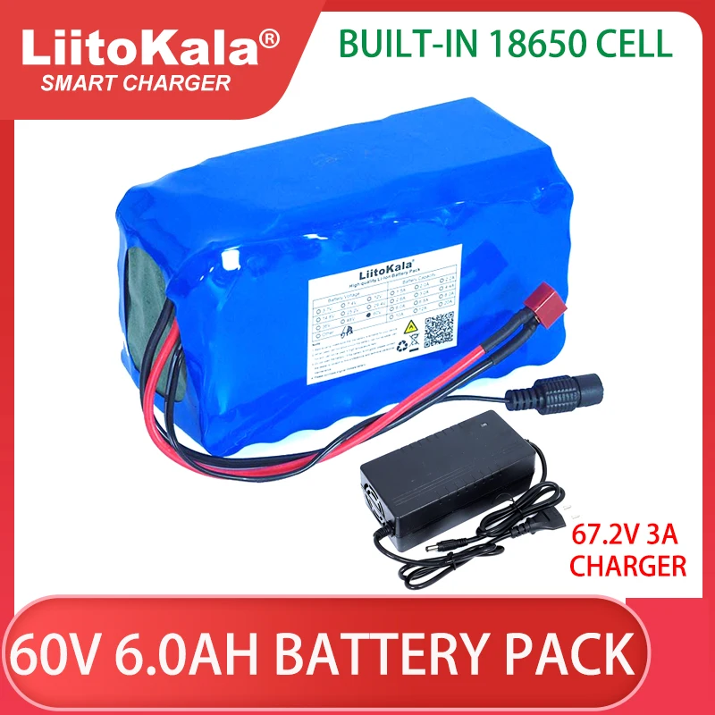 

LiitoKala 60V 6Ah 16S2P 18650 Li-ion Battery Pack 67.2V 6000mAh Ebike Electric bicycle Scooter with BMS Protection +3A Charger