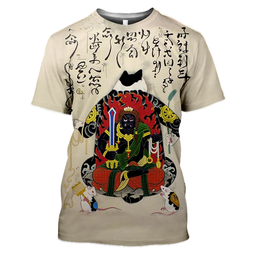 

New Retro T-shirt Men Women Samurai Cat Tattoo 3d Print Cool Classic Art For Summer Round Collar Tops Short Sleeves Tees