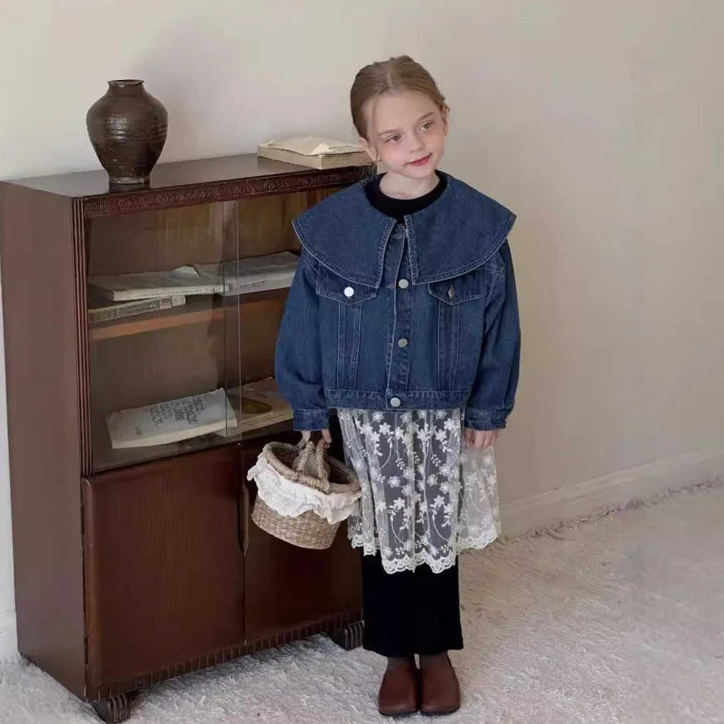 Свободное пальто для девочек Новинка осени 2024 ковбойская куртка детские топы с