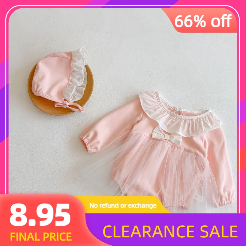 

ins 2022 spring and autumn clothing baby girl bowknot mesh long-sleeved Haxi skirt cotton baby rompers jumpsuit