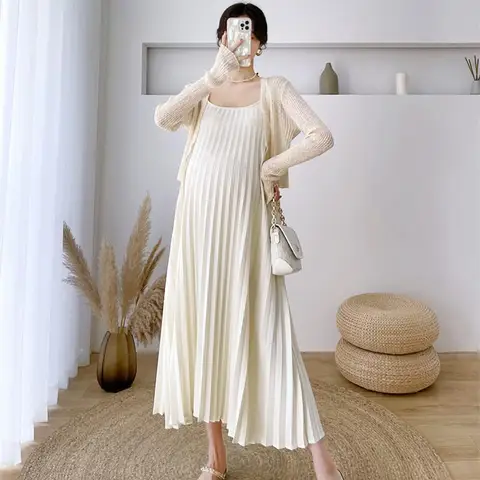 Комплект из 2 предметов, кардиган и платье, Пляжное Платье для беременных женщин, праздничная одежда с высокой талией для беременных, плиссированное платье-комбинация для беременных, Новинка
