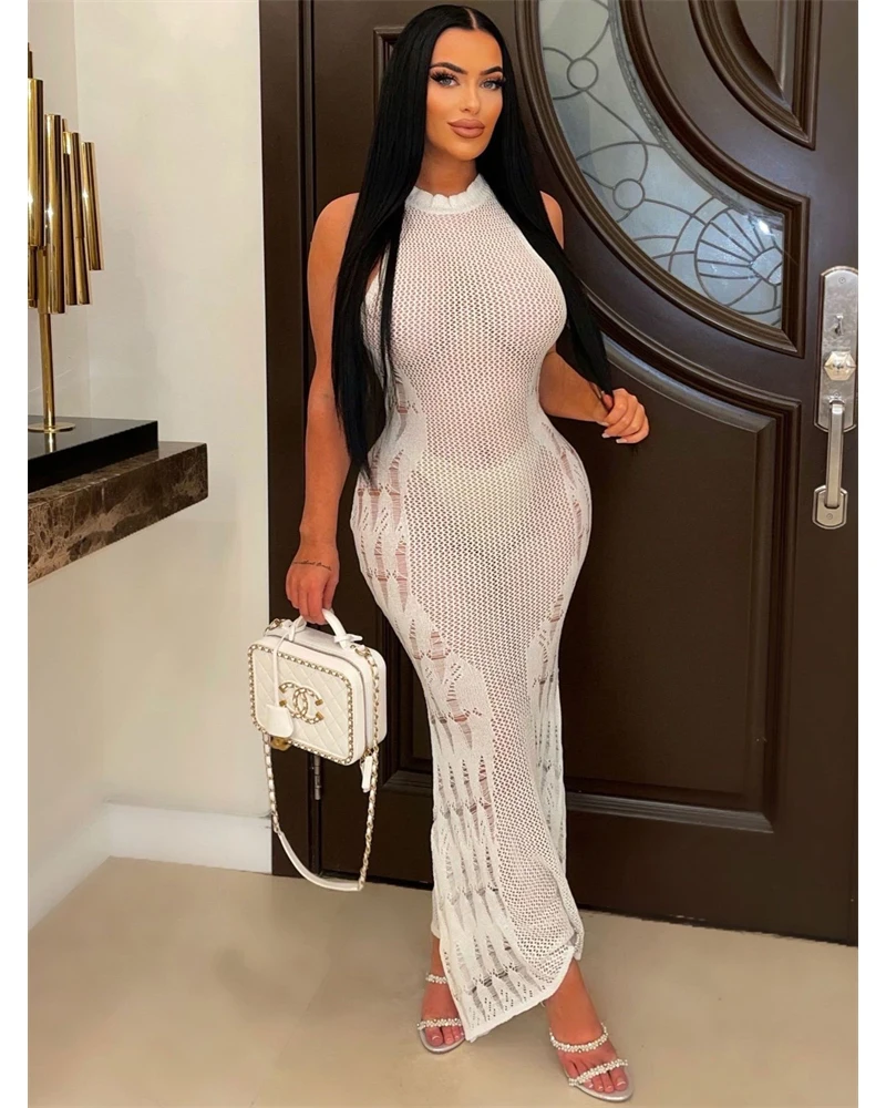 

2023 Black White Sleeveless Bogcon Casual Beach Women Clothing Sexy Hollow Out Knit Maxi Dresses Summer Outfits