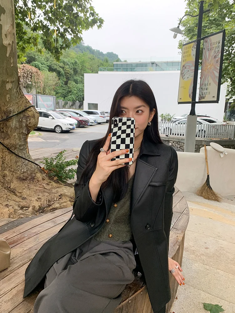 

New spring and autumn leather coat Women's medium long sheep skin slim fit leather jacket trench coat