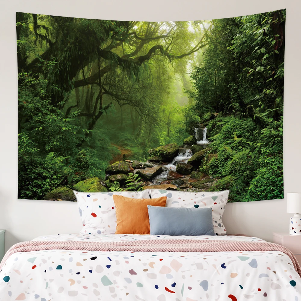 

Nature Forest Stream Tapestry Wall Hanging Tropical Picnic Rug Camping Tent Sleeping Pad Home Living Room Decor Bedspread Sheet