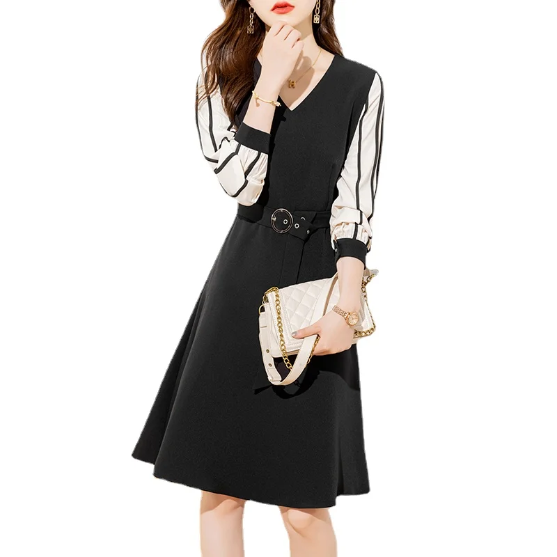 

2023 Spring Summer Long Dress for Women Korean Dress V-Neck Office Lady Dresses Long Sleeve Mid-Calf Comfortable New Belt Slim