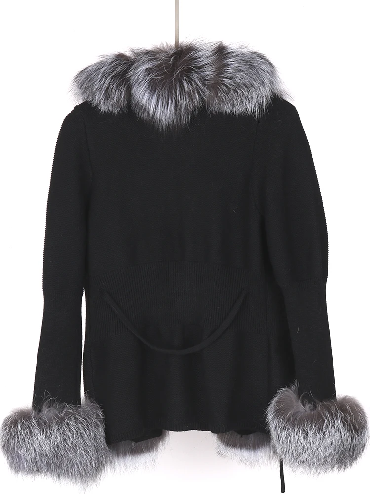 New Casual Autum Winter Wool Knitted Sweater Women Real Fox Fur Coat Natural Fox Fur Collar Hooded Cardigan Fashion Streetwear