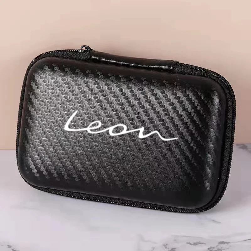 

Carbon Fiber Auto Portable Storage Bag Headphone Data Cable Digital Supplies Car Storage Box For SEAT Leon Logo Accessories