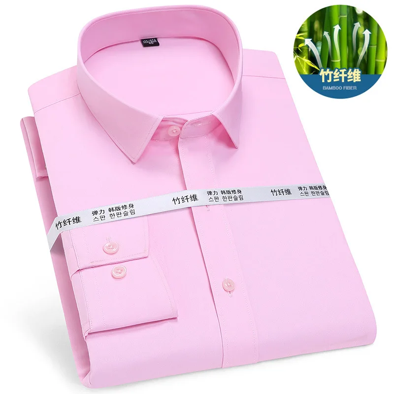 Casual Long Sleeve Shirt for Men Soft Cozy Bamboo Fiber Anti-Wrinkle No-Ironing Solid Color Business Male Social Formal Shirts
