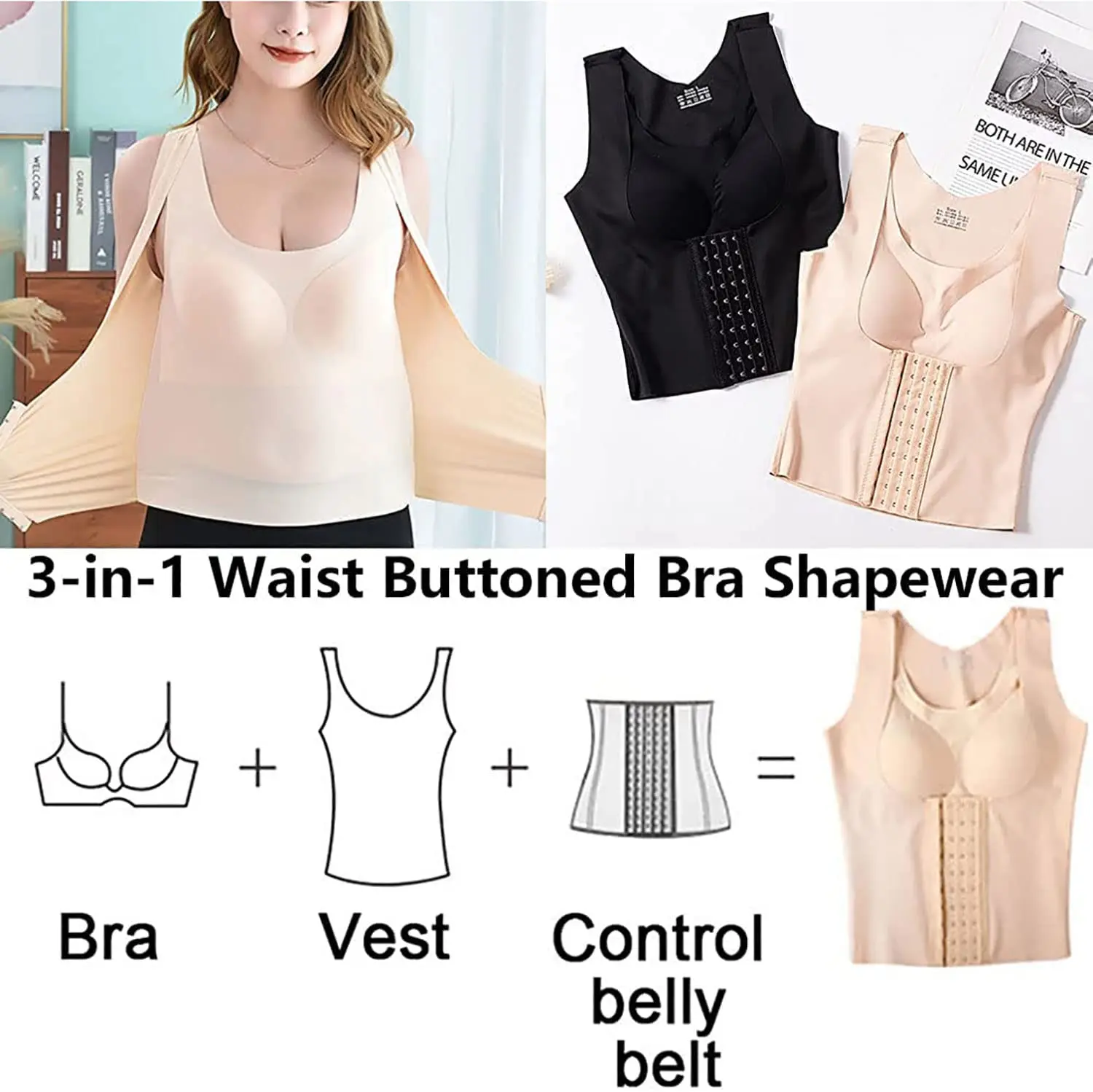 3-in-1 Waist Buttoned Bra Shapewear,Women Waist Trainer Corset Vest for Women Tummy Control,Women Shapewear Sport Yoga Underwear
