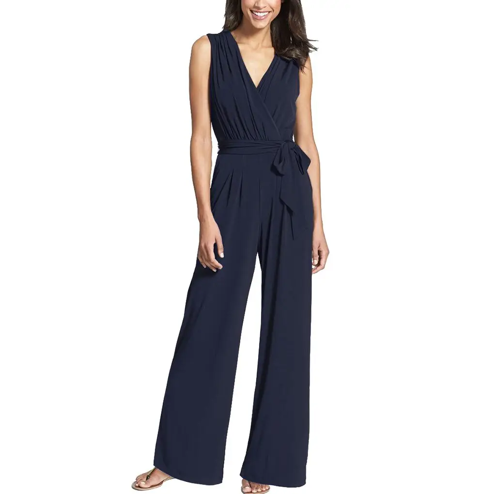 

Women Solid V Neck Wide Leg Jumpsuit Pleated High Waist Sleeveless Bodysuit