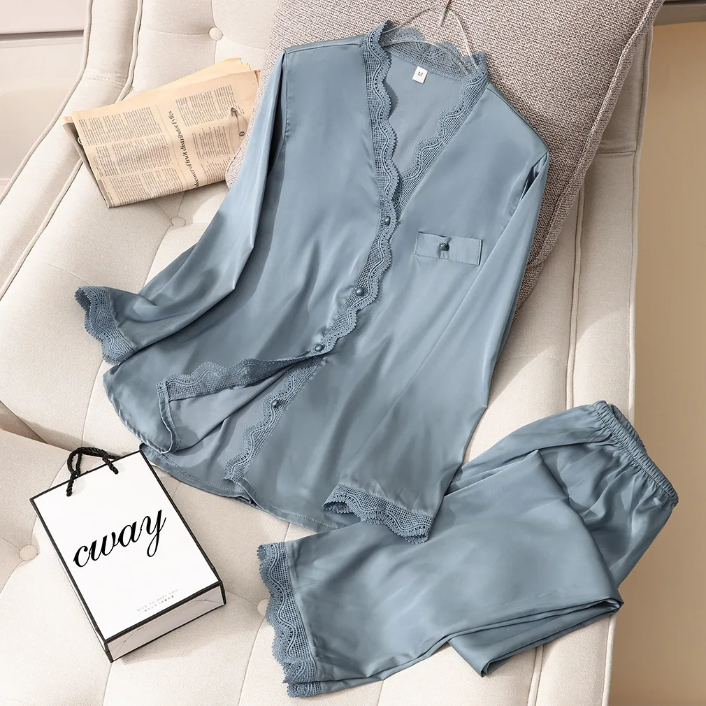 

V-Neck Pajama Sets for Women Lace Patchwork Satin Silk Loungewear Lounge Wear Two Piece Set Sleepwear Home Clothes
