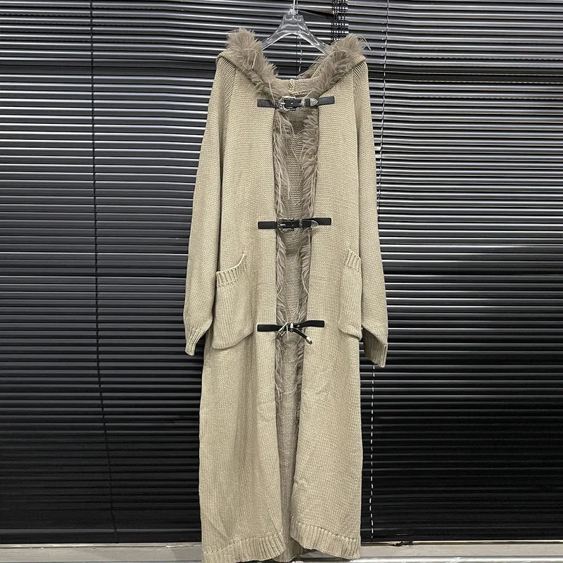 WTHT модный новый женский вязаный длинный плащ с плюшевыми краями 2024 осенняя