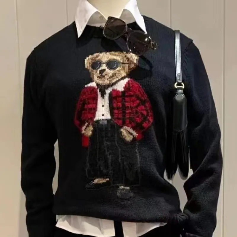 

Мужской свитер с вышивкой RL Bear, классический свободный мягкий удобный теплый пуловер из 100% хлопка, в деловом стиле, Осень-зима