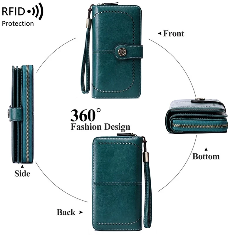Ladies Zipper Purse Solid Color Card Pouch Long Section Wallet Hasp Female Money Bag RFID Anti-thief Wallets PU Leather Handbags