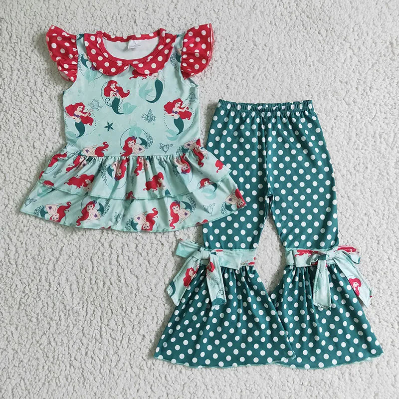 

Boutique girl's clothes set teenage girls clothing ruffles tunic Princess Mermaid print new design wholesale kids clothing