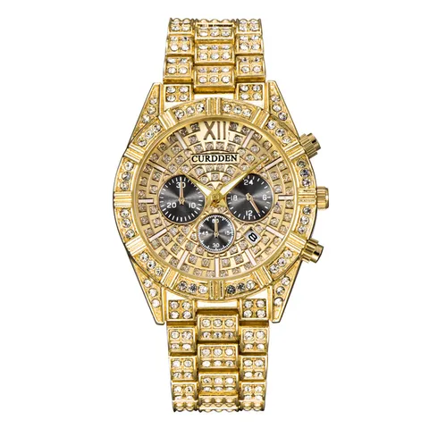 Оригинальные Роскошные Брендовые Часы CURDDEN в стиле хип-хоп, мужские Модные кварцевые наручные часы с датой и бриллиантами, золотые часы, Роскошные мужские часы